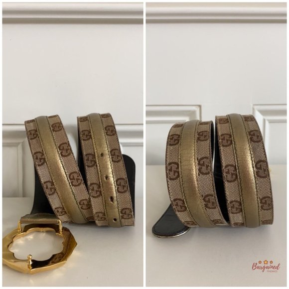 Auth Gucci Monogram Canvas Gold Metallic Leather Bamboo Metal Buckle Belt 88/34 - Picture 8 of 13